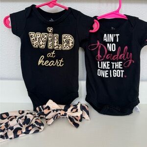 2 Piece Graphic Onesies Size 9 Months + Leopard Hat & Bow/ Headband Like New